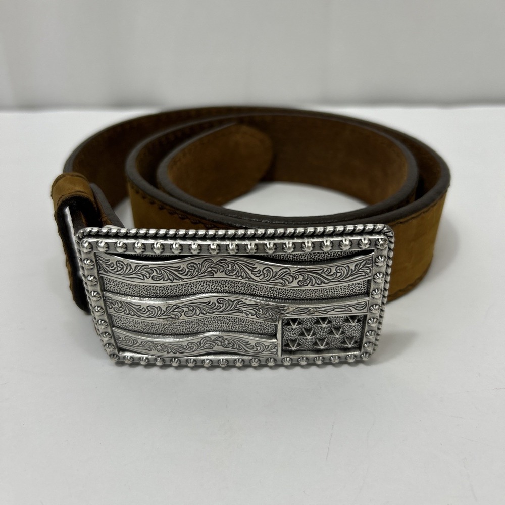 Justin Men's Size 32 Brown Flying High Leather Belt with Flag Buckle C12685
